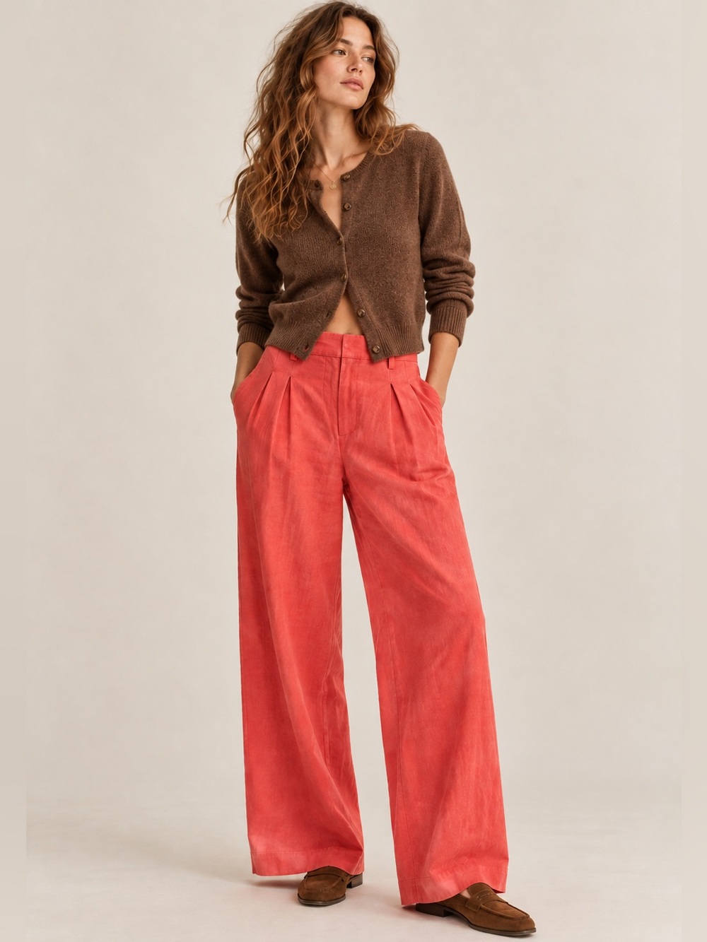 Banana Republic Coral Linen Blend Wide Leg Pleated Pants Size 6